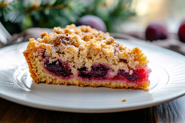 Slice of fresh plum pie with crumbles topping