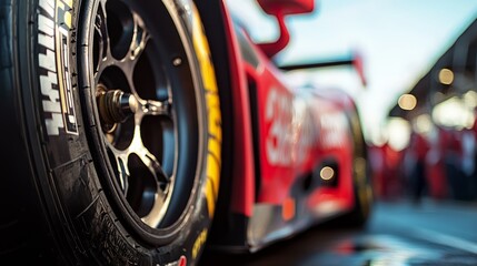 Obraz premium Precision Engineering in Action: Close-up of Race Car Brake Caliper and Tire During Pit Stop