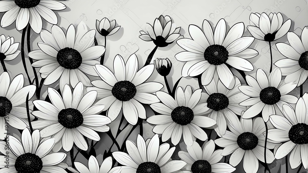 Wall mural base xl pretty black theme flowers on light gray background, egg mosaic style