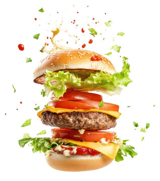 PNG Flying burger photography splashes lettuce.
