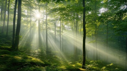 Fototapeta premium A misty morning forest with sunlight breaking through the fog.