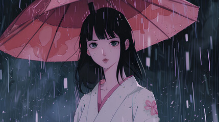 a beautiful anime woman with an umbrella who is getting caught in the rain