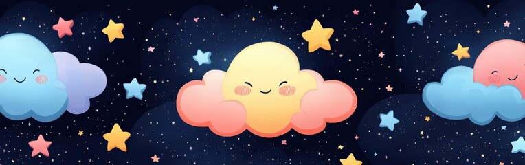 Cute cartoon stars and clouds with smiling faces