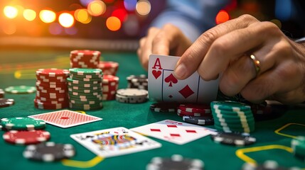 Fototapeta premium Revealing the River Card: The dealer revealing the river card in a poker game, chips and cards in play. 