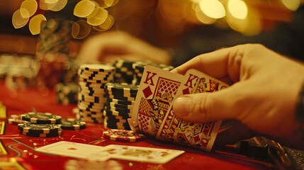 Revealing the River Card: The dealer revealing the river card in a poker game, chips and cards in play. 
