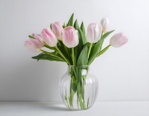 Obraz premium Glass vase with blooming tulips. A simple glass vase with blooming tulips inside, set against a white background
