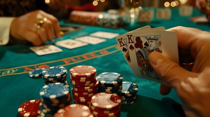 Revealing the River Card: The dealer revealing the river card in a poker game, chips and cards in play. 
