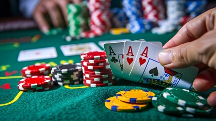 Revealing the River Card: The dealer revealing the river card in a poker game, chips and cards in play. 

