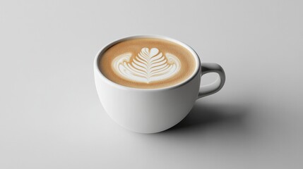 A coffee cup filled with hot latte and artistic foam, set on a plain white background for a minimalist and sleek appearance