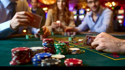 Revealing the River Card: The dealer revealing the river card in a poker game, chips and cards in play. 
