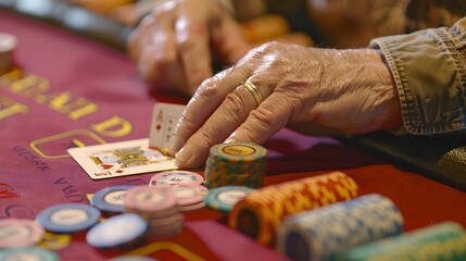 Revealing the River Card: The dealer revealing the river card in a poker game, chips and cards in play. 
