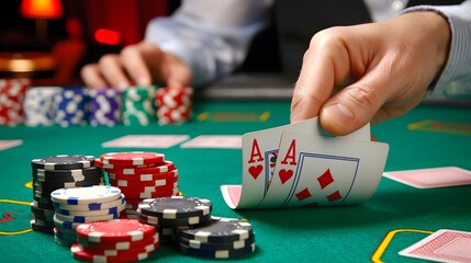 Revealing the River Card: The dealer revealing the river card in a poker game, chips and cards in play. 
