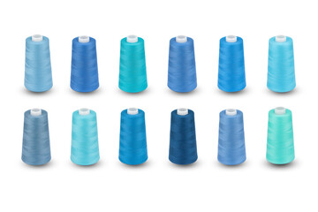 Spool thread collection. Shades of blue colors thread isolated. Thread plastic spool. Set collection of cutout threads. Vibrant vivid colors. Sew threads. Colorful hobby background. Tailor shop.