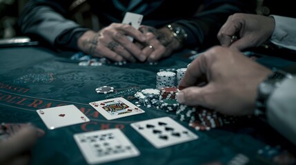 Revealing the River Card: The dealer revealing the river card in a poker game, chips and cards in play. 
