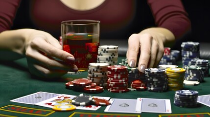 Revealing the River Card: The dealer revealing the river card in a poker game, chips and cards in play. 
