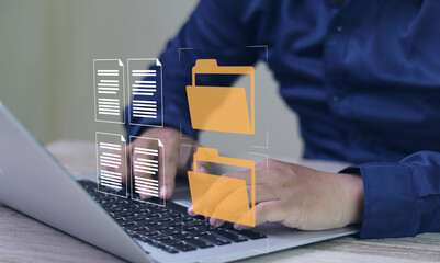 Business data management online and document system concept, Businessman use laptop search for digital documents in folders efficient storage management good planning