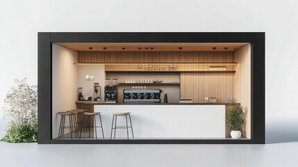 A creative mini coffee shop design featuring a compact counter and simple decor, set on a bright white background for clarity