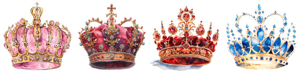 Fototapeta premium Set of ornate crowns in vibrant colors, perfect for royalty-themed designs, invitations, or historical illustrations.