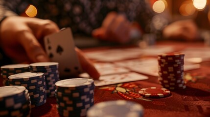 Revealing the River Card: The dealer revealing the river card in a poker game, chips and cards in play. 
