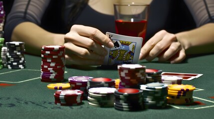 Revealing the River Card: The dealer revealing the river card in a poker game, chips and cards in play. 
