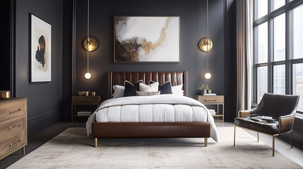 A boutique hotel-inspired suite with a minimalistic design, featuring a sleek leather bedframe, luxurious bedding, and metallic accents in the decor. A soft area rug adds warmth to the space