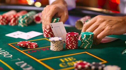 Revealing the River Card: The dealer revealing the river card in a poker game, chips and cards in play. 
