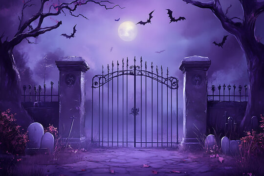 A spooky, moonlit graveyard scene with a wrought-iron gate, bats, and tombstones.