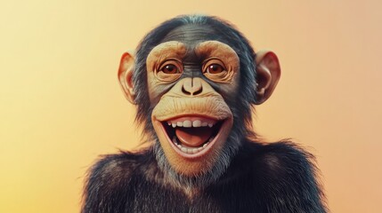 A detailed 3D chimpanzee, smiling playfully with a soft pastel background, representing the active and intelligent nature of zoo primates