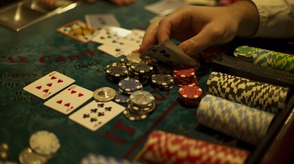 Revealing the River Card: The dealer revealing the river card in a poker game, chips and cards in play. 
