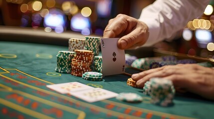 Revealing the River Card: The dealer revealing the river card in a poker game, chips and cards in play. 
