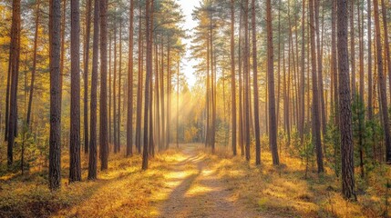 Fototapeta premium Sunlight filters through tall trees in an autumn pine forest with a winding path ahead