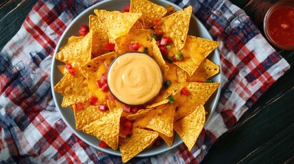 A plaid tablecloth with a plate of nachos and a cheese sauce.