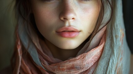 Fototapeta premium stylish portrait of a beautiful woman with a scarf around her neck, showcasing the perfect blend of elegance and creativity