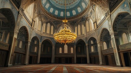 Mosque Interior with Intricate Patterns, Mosaics, and Ornate Decorations 