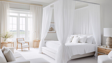 A bright and airy boutique hotel bedroom featuring a canopy bed, sheer curtains, and a combination of modern and vintage decor pieces. Light pastel tones create a serene, elegant space