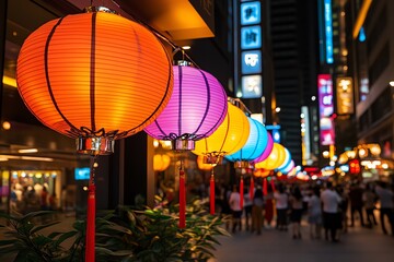 Fototapeta premium A colorful display of Chinese lanterns, hanging above a bustling street during Chinese New Year celebrations