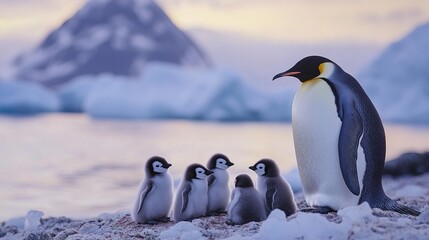 Fototapeta premium A colony of penguins feeding their chicks on the icy shores of Antarctica