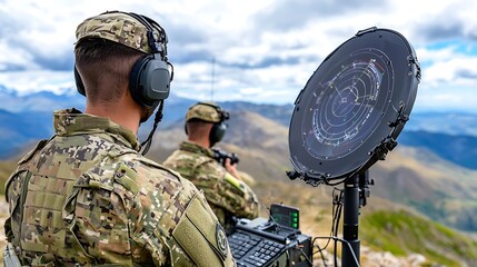A military radar operator stands in the mountains, surrounded by surveillance equipment, scanning the horizon.