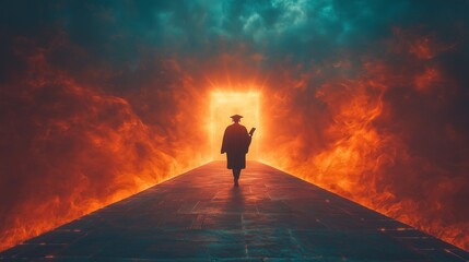Fototapeta premium A graduate walks towards a fiery portal, symbolizing the pursuit of opportunity and facing challenges on the path to success.
