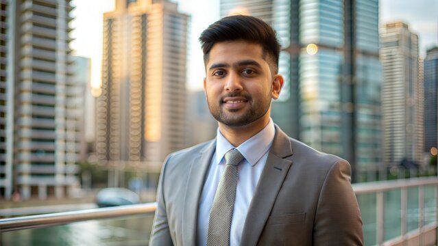 Indian Businessman in Modern Cityscape - A young Indian businessman with a backdrop of skyscrapers and a clear blue sky.
