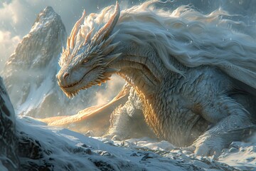 beautiful snow dragon, snow and mountains in background