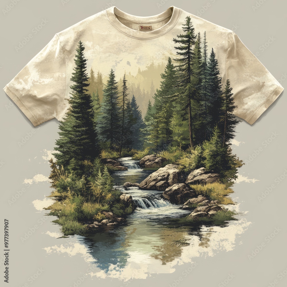 Sticker T-shirt design featuring a serene forest and river landscape.