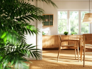 Naklejka premium Openconcept living space with cork flooring, natural wooden accents, and greencertified furniture, sustainable renovation, earthy and warm tones