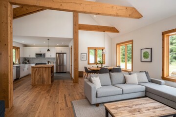 Sustainable home interior with reclaimed wood beams, low VOC paint, and ecoconscious materials, rustic and modern fusion, green renovation