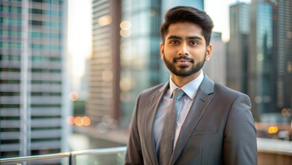 Fototapeta premium Indian Young Professional Against Skyline - An Indian man in business attire standing at the base of an office building with a cinematic city background. 
