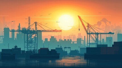 Obraz premium Shipping cranes operate at a busy port with an industrial skyline in the background, captured at sunset, symbolizing global trade and logistics.