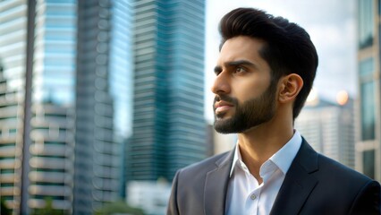 Fototapeta premium Focused Indian Businessman with Urban Background - An Indian businessman gazing into the distance with skyscrapers in the background. 