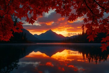 Vibrant autumn sunrise reflecting on serene lake framed by red leaves near a mountain