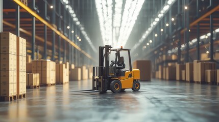 A yellow forklift transports boxes through a large, well-lit warehouse, emphasizing logistics, storage, and material handling.