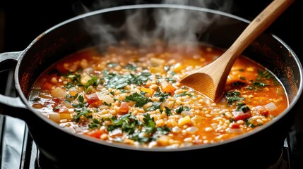 14. A close-up of a bubbling pot of homemade soup on a stove, with fresh herbs and vegetables visible, steam rising and a wooden ladle stirring the flavorful broth.